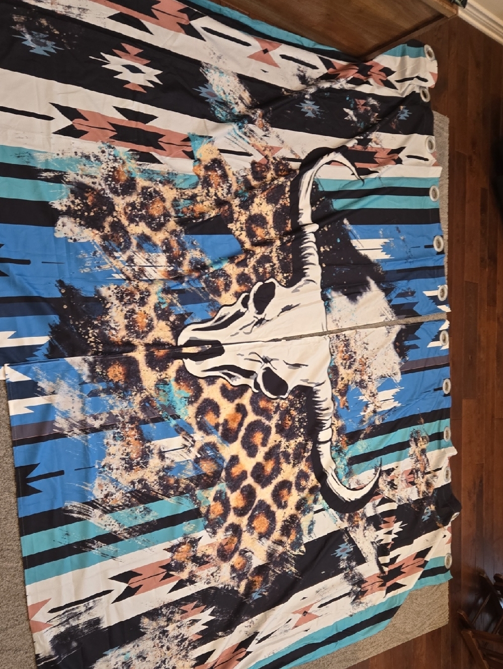 Southwestern Longhorn Tapestry Throw in Turquoise, Black & Tan